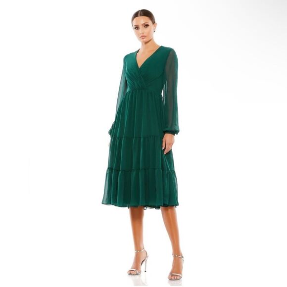 Mac Duggal Ieena | 55637 Bishop Sleeve V Neck Chiffon Dress Size 10 NEW - Picture 2 of 11